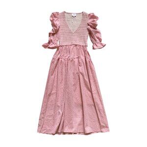 NWOT Steele Smocked Midi Dress Womens XS Pink White Gingham V-Neck Puff Sleeve
